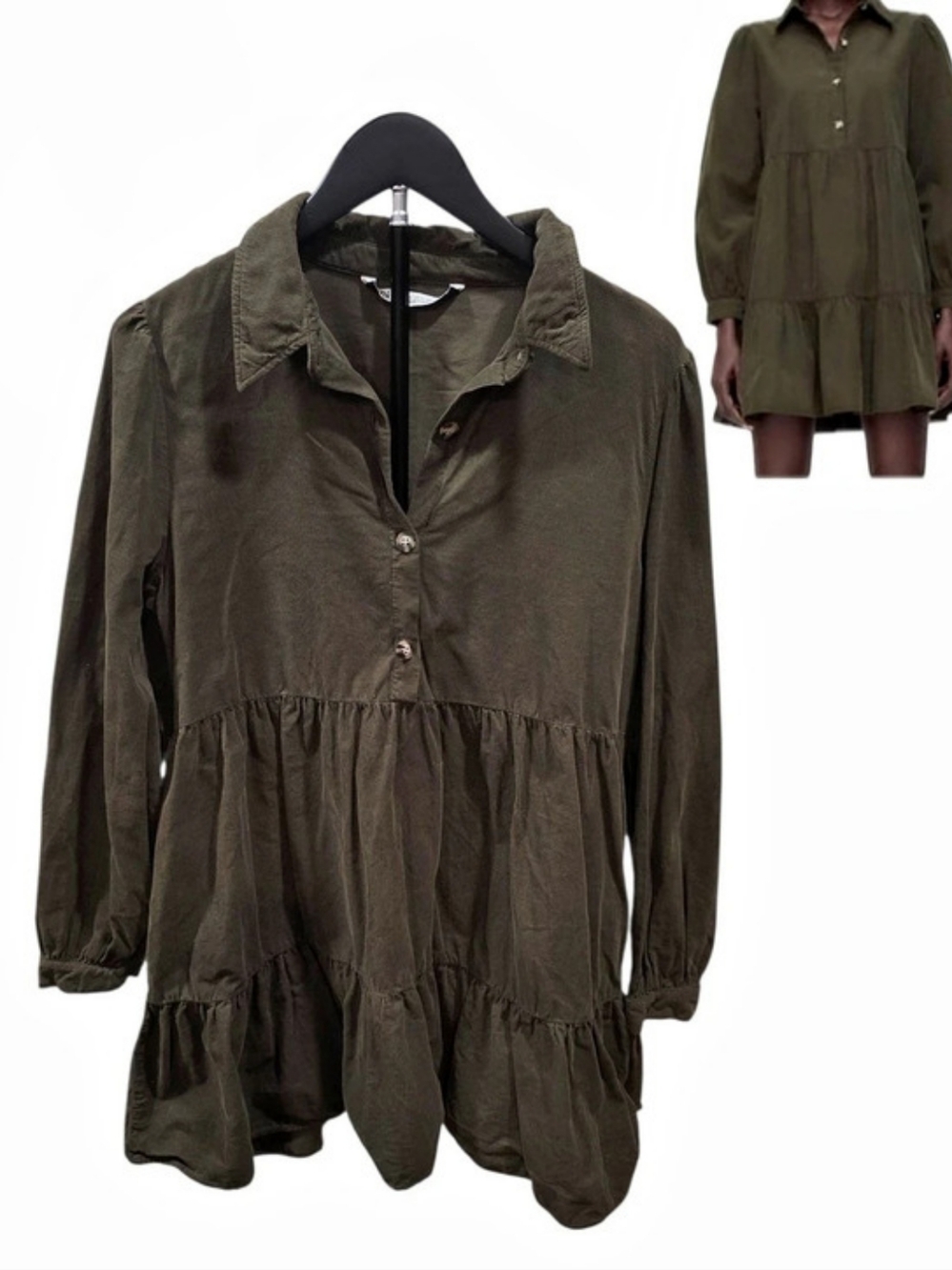 Zara Olive Green Corduroy Tiered Mini Dress Size XL